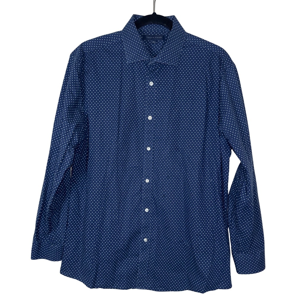 Tommy Hilfiger Mens Navy Blue Polka Dot Slim Fit Button Down Shirt 16.5 32-33